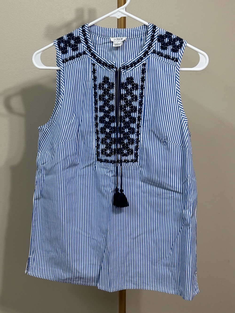 J. Crew Factory navy and white striped embroidered top, size 2